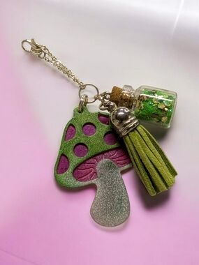Handmade Green Mushroom Tassel Accessory with Glitter Jar